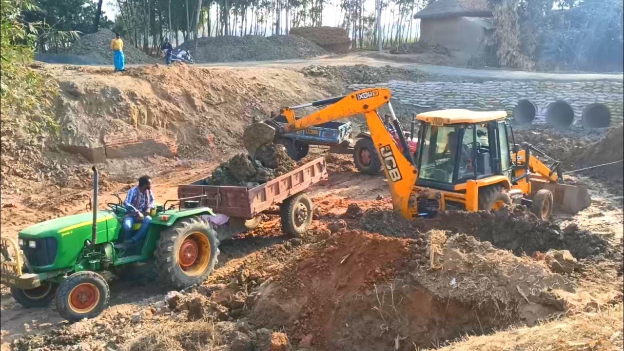 Jcb Backhoe Machine Macking Pond With John Deere Tractor Jcb Tractor