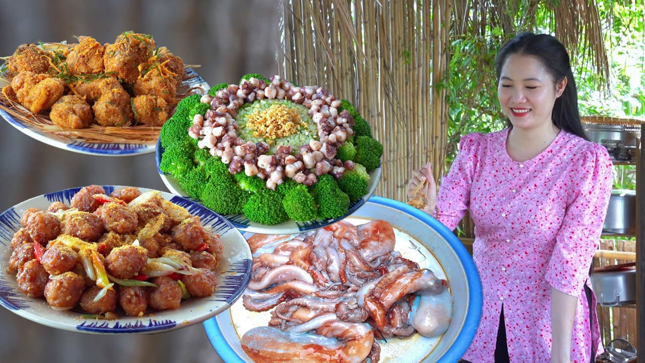 Món Cơm Ngọc Bích Lạ Mắt ll Bột Rang Muối Rắc Mực Nhồi và Gà Chiên