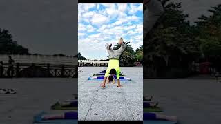 Lets Move Together And Feel The Charm Of Exercise. Sports And Fitness, Handstand And Cross