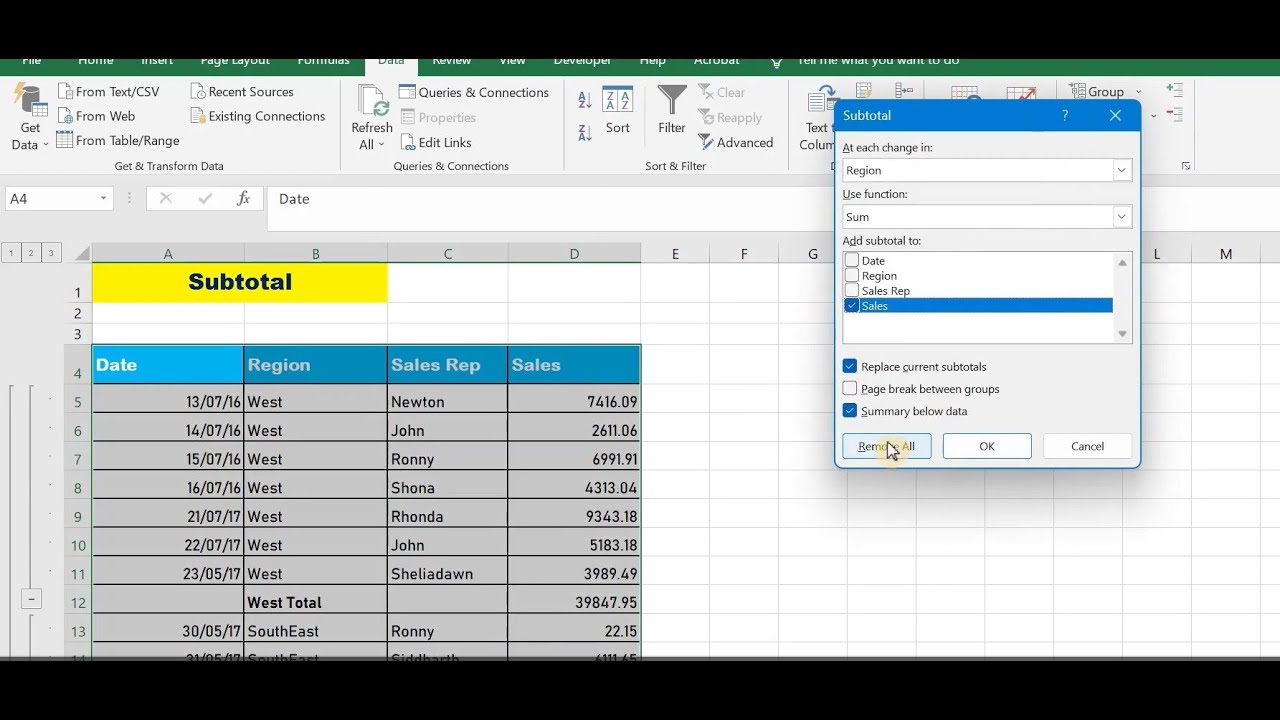 Excel Lesson-66,How to use subtotal button in Excel, TCT-Computer ...
