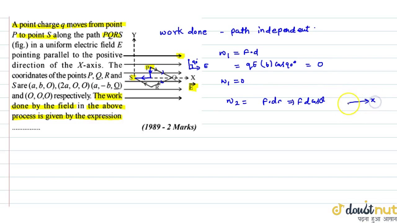 A Point Charge Q Moves From Point P To Pont S Along The Path Pqrs Fig In A Uniform Electric Youtube