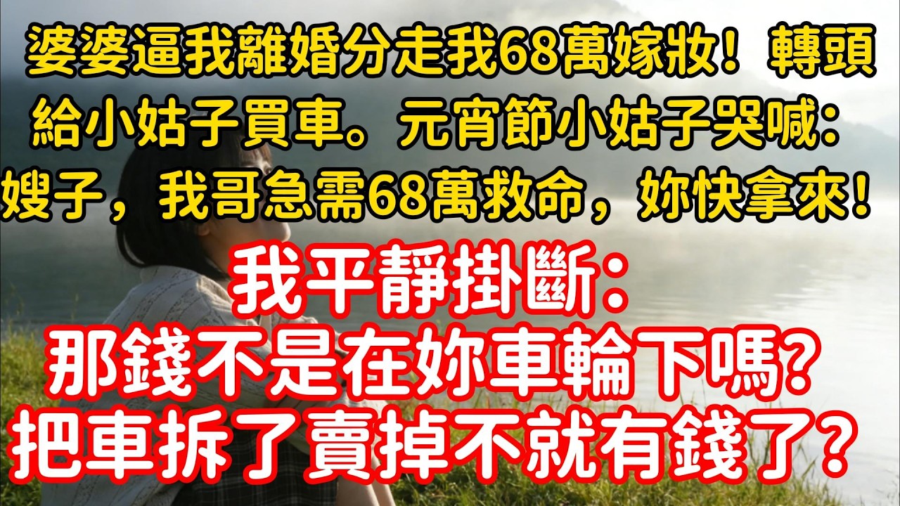 婆婆逼我離婚分走我68萬嫁妝，轉頭給小姑子買車。元宵節小姑子哭喊：「嫂子，我哥急需68萬救命，妳快拿回來！」我平靜掛斷：「那錢不是在妳車輪下嗎？把車拆了賣掉不就有錢了？」