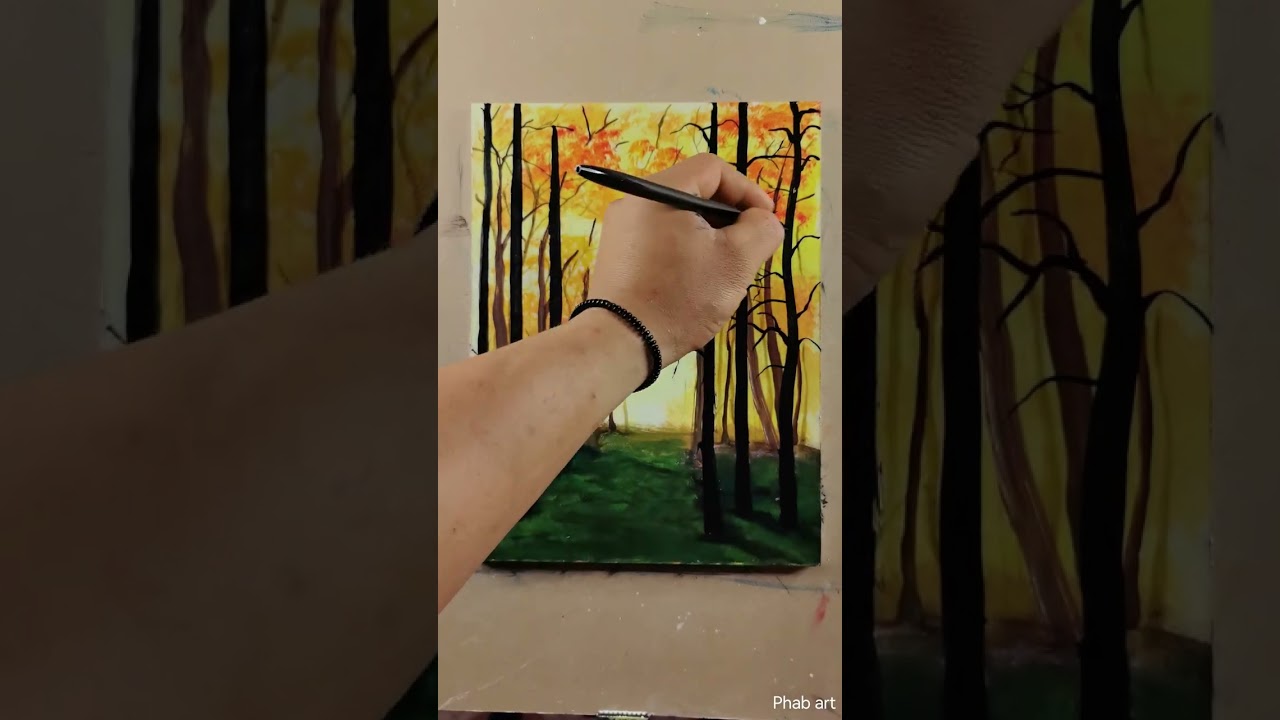 How to paint a beautiful forest picture with Acrylic.nature. .การวาดป่าไม้ที่สวยงามด้วยสีอาครีลิก