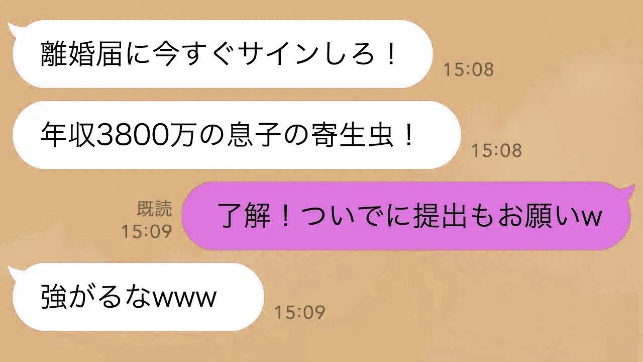 【LINE】夫が海外赴任した初日、義母が突然乗り込んで「年収3800万の息子の寄生虫がw離婚よ」私「ありがとうございますw」義母「強がるなｗ」→年収3800万が私だと知らずに離婚すると義母が…ｗ