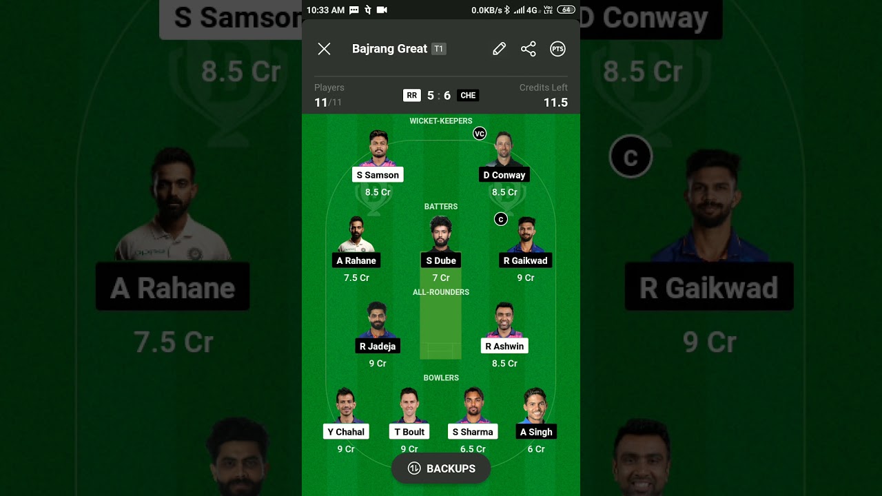 rr vs che dream11 prediction