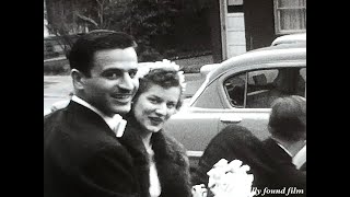 Vintage 1953 wedding home movie clip 1950s throwing rice bride and groom bridesmaids groomsmen cars