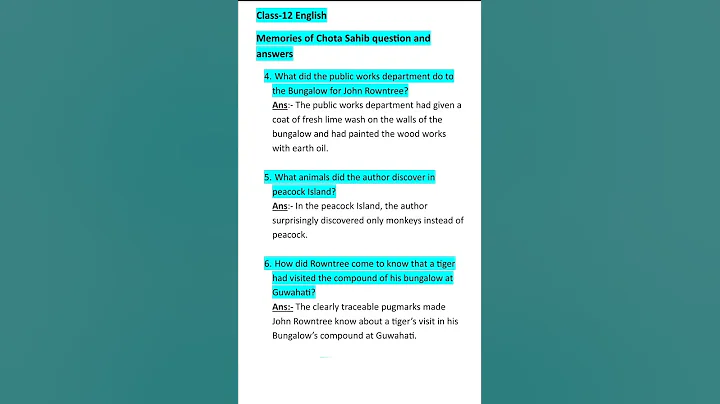 Memories of Chota Sahib class-12 English question and answers #english #answers