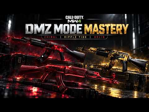 Three rifles in red, black and gold, and red finishes under a DMZ Mode Mastery title naming Chiral, Ripple Tide and Helio
