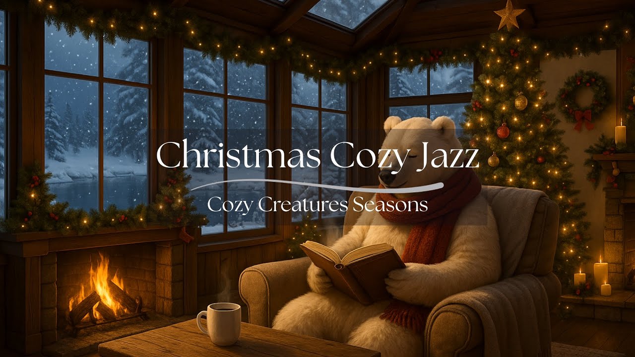 Cozy Christmas Cabin Ambience ❄️ Polar Bear Reading by the Fire | Relaxing Winter Piano Jazz