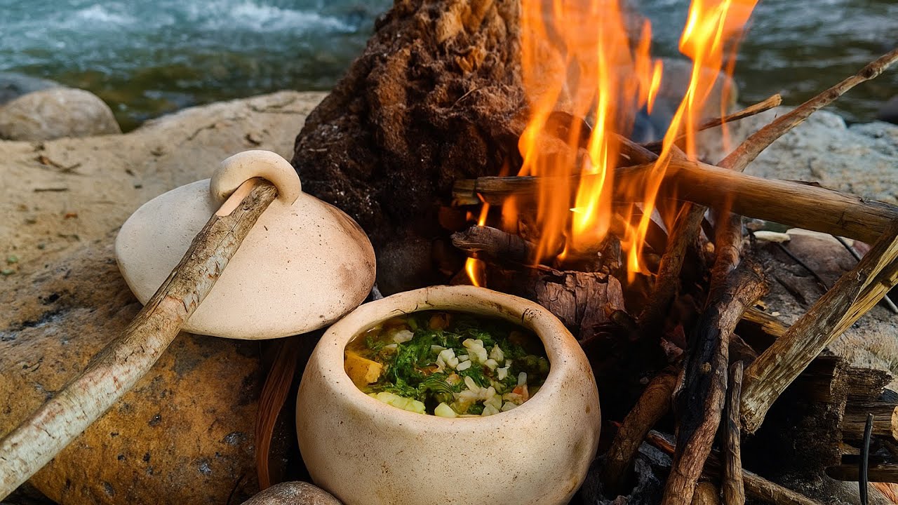Pork Stew in Handmade Clay Pot by Fire | ASMR Outdoor Cooking