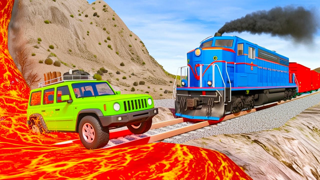 Trains vs Lava Crosses Railroad - Cars vs INCOMPLETE Roads - BeamNG.drive Fails & Crashes 2025!