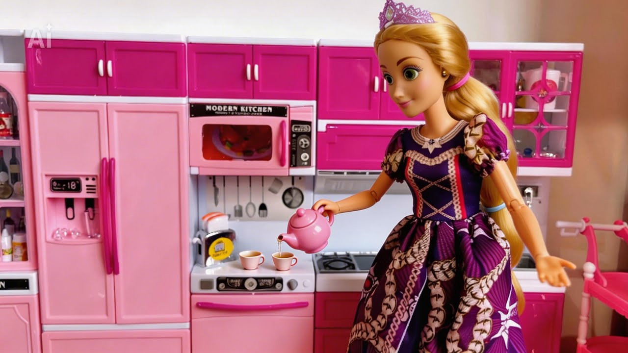 Rapunzel Doll making ☕️ tea and breakfast for her friends anna barbie doll and elsa barbie doll 
