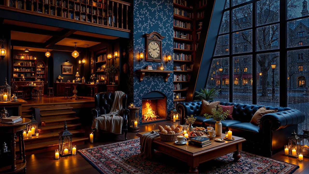 Jazz Relaxing Music at Bookstore Cafe Ambience ☕ Crackling Fireplace & Rain Sounds for Study, Work