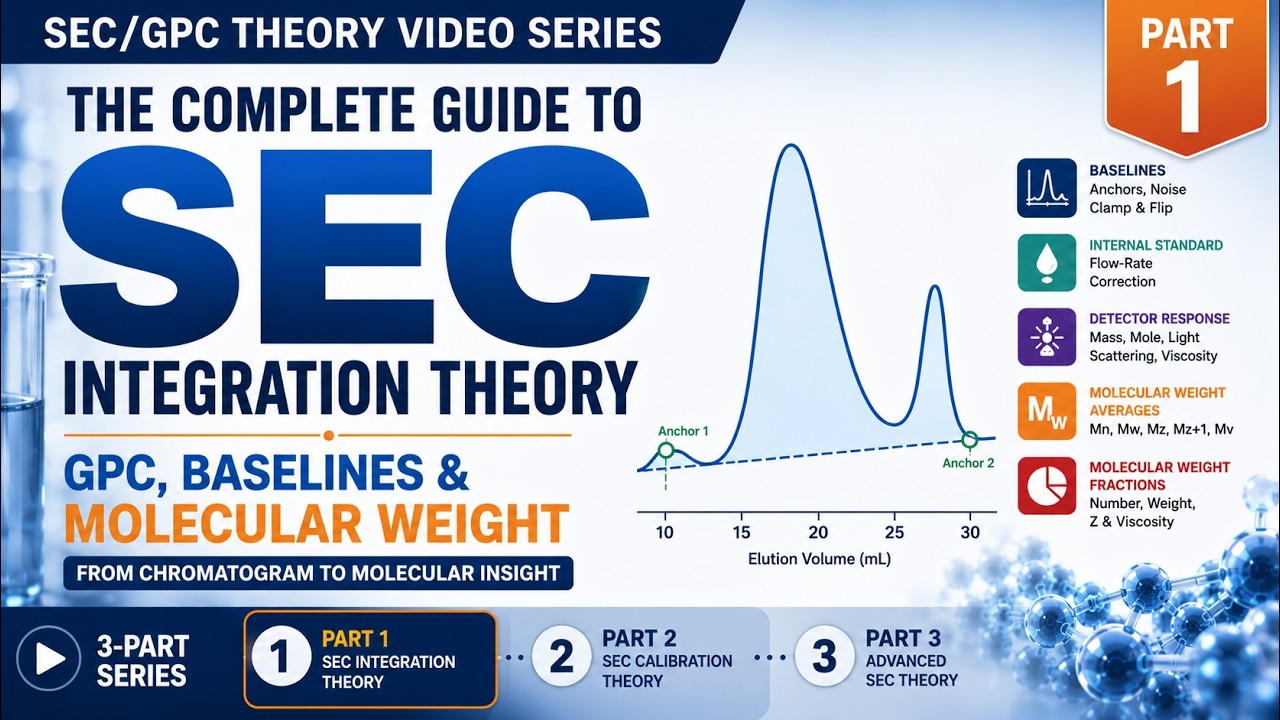 YouTube thumbnail for Part 1 of the SEC/GPC Theory Series, featuring the title “The Complete Guide to SEC Integration Theory,” a scientific chromatogram graphic, and a clear Part 1 label.