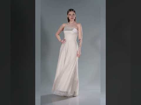 Bej Straplez Uzun Dantel Abiye Elbise ABU5943