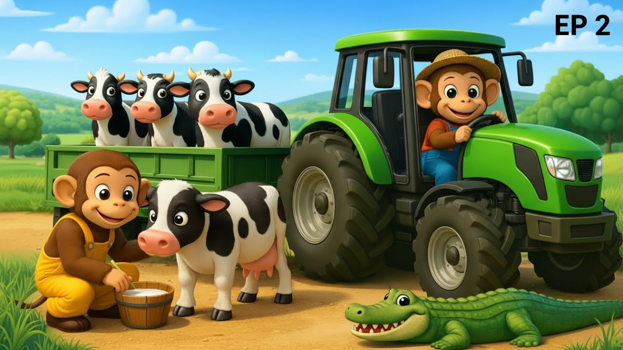 🐒Monkey Farmer Fixes Tractor & Funny Monkey Find the Crocodile| Farm Life Cartoon. Ep 2