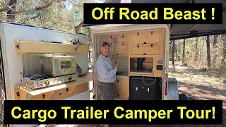 Off Road Cargo Trailer Camper Tour! Queen size bed, lithium batteries, full kitchen, hot shower!