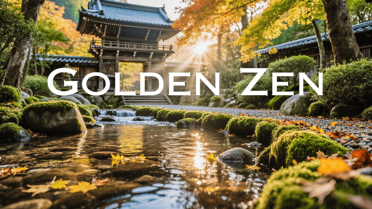 Tranquil Japanese Temple Escape in Late Sunlight | Soft Water Stream & Relaxing Piano for Deep Calm