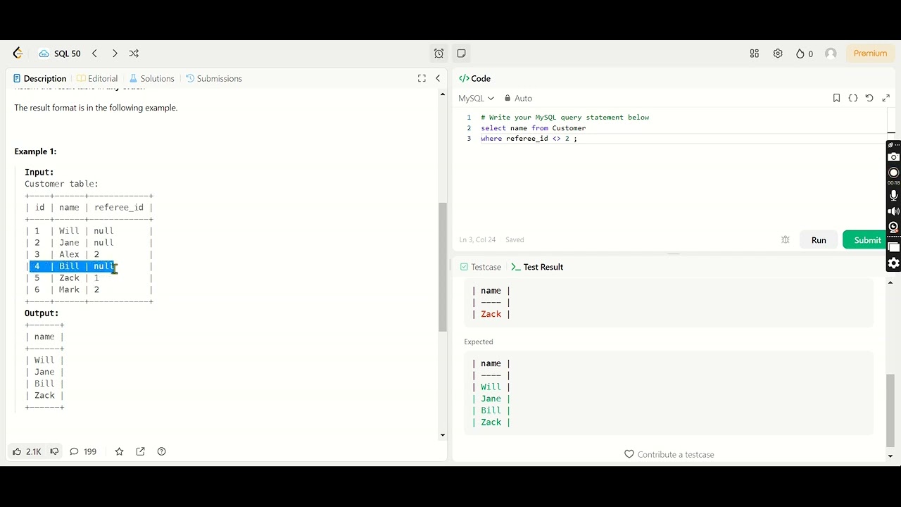 SQL Challenge 2 II Find Customer Referee - YouTube
