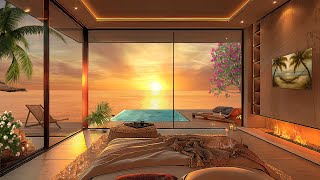 Summer Cozy Bedroom View of the Beach | Sunset Bliss 🌅 | Soothing Ocean Waves & Warm Fireplace Sound