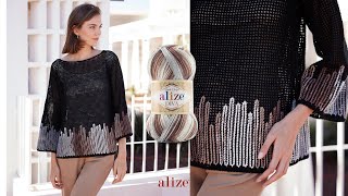 Alize Diva Batik ile Tığ İşi Detaylı Mevsimlik Bluz