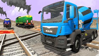 Truck Rescue Stuck Cars vs Lava Crosses Railroad - Double Rails and Stops the Train - BeamNG.Drive