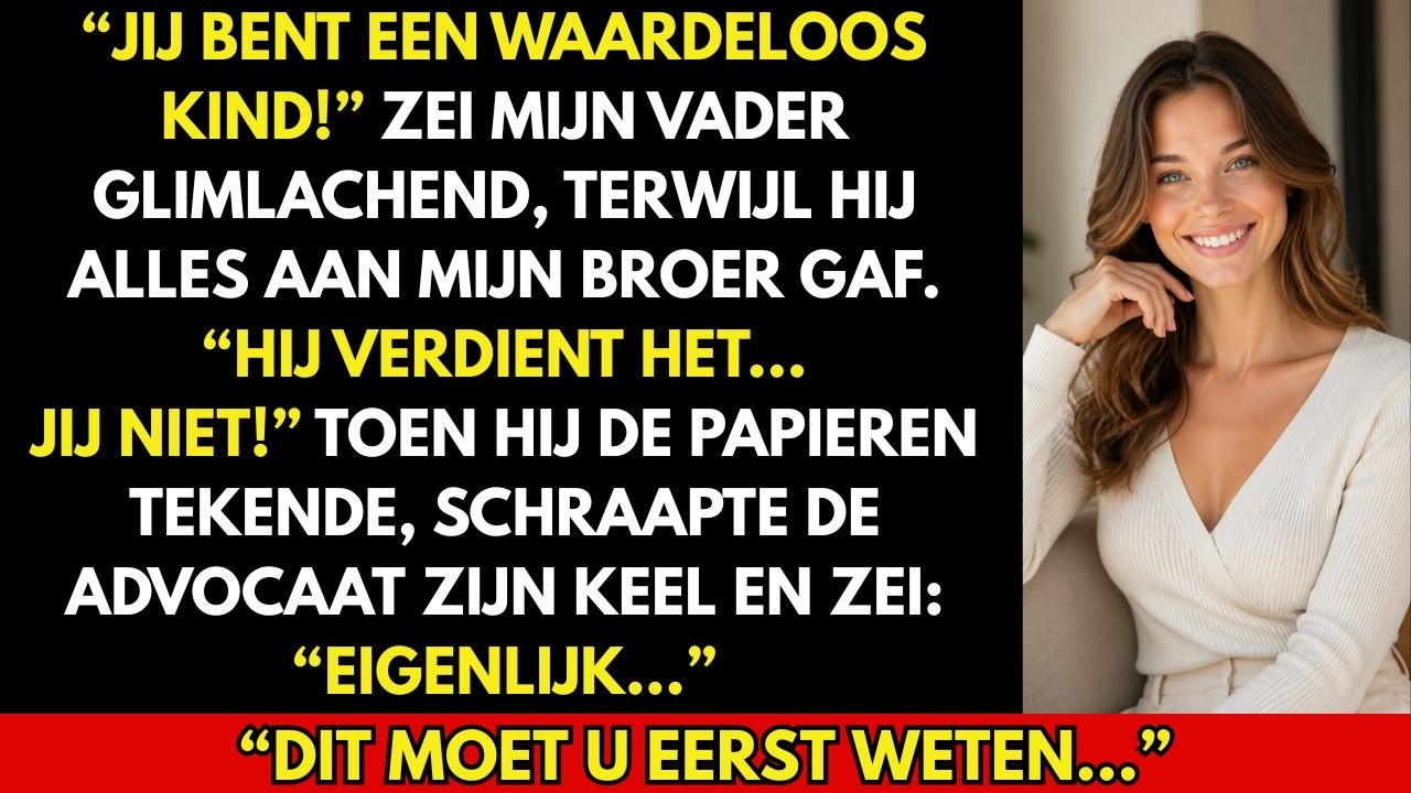 Ik zat naast mijn broer terwijl mijn vader hem de akte van de villa en het bedrijf overhandigde, en mij een mislukkeling noemde. Jaren van afwijzing vielen van me af, tot de notaris een verzegeld...