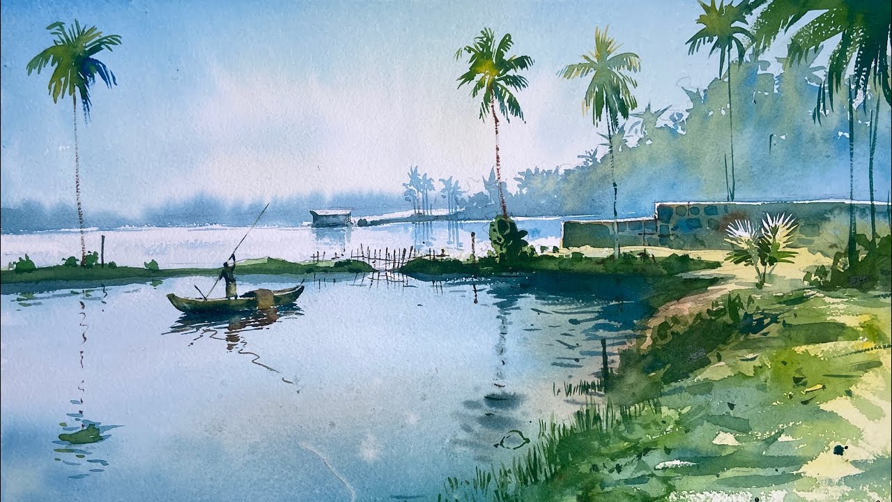Watercolor Painting of beautiful landscape of Kerala Prashant Sarkar
