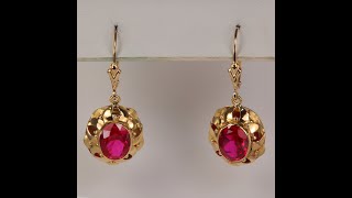 ESTATE - Yellow Gold Oval Cut Lab Grown Ruby Dangle Earrings 5.00cts