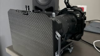 Canon R1 Roll Cage Video Set Up Small Rig Matte Box Built in ND Filters 24-105 2.8 RF Lens.
