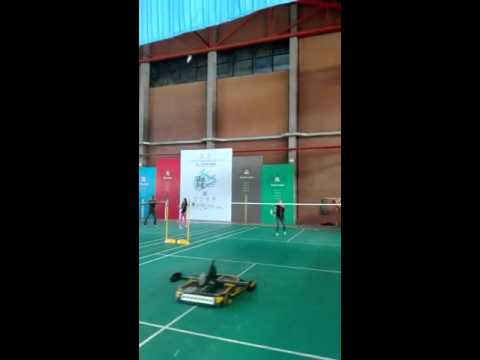 Woman plays badminton with robot in Shenzhen