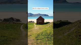 The famous red cabin - Ramberg beach, Lofoten 🇳🇴 #lofoten #norway #summer #travel #arctic #drone