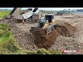 Skilled Dozer Operator Pushing Soil! Heavy Dump Trucks Dumping Soil in Huge Land Filling Project