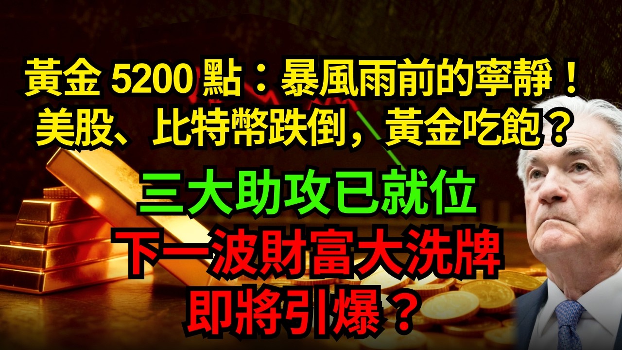 黃金 5200 點：暴風雨前的寧靜！美股、比特幣跌倒，黃金吃飽？ 三大助攻已就位，下一波財富大洗牌即將引爆？#黃金#美股 #比特幣#聯準會
