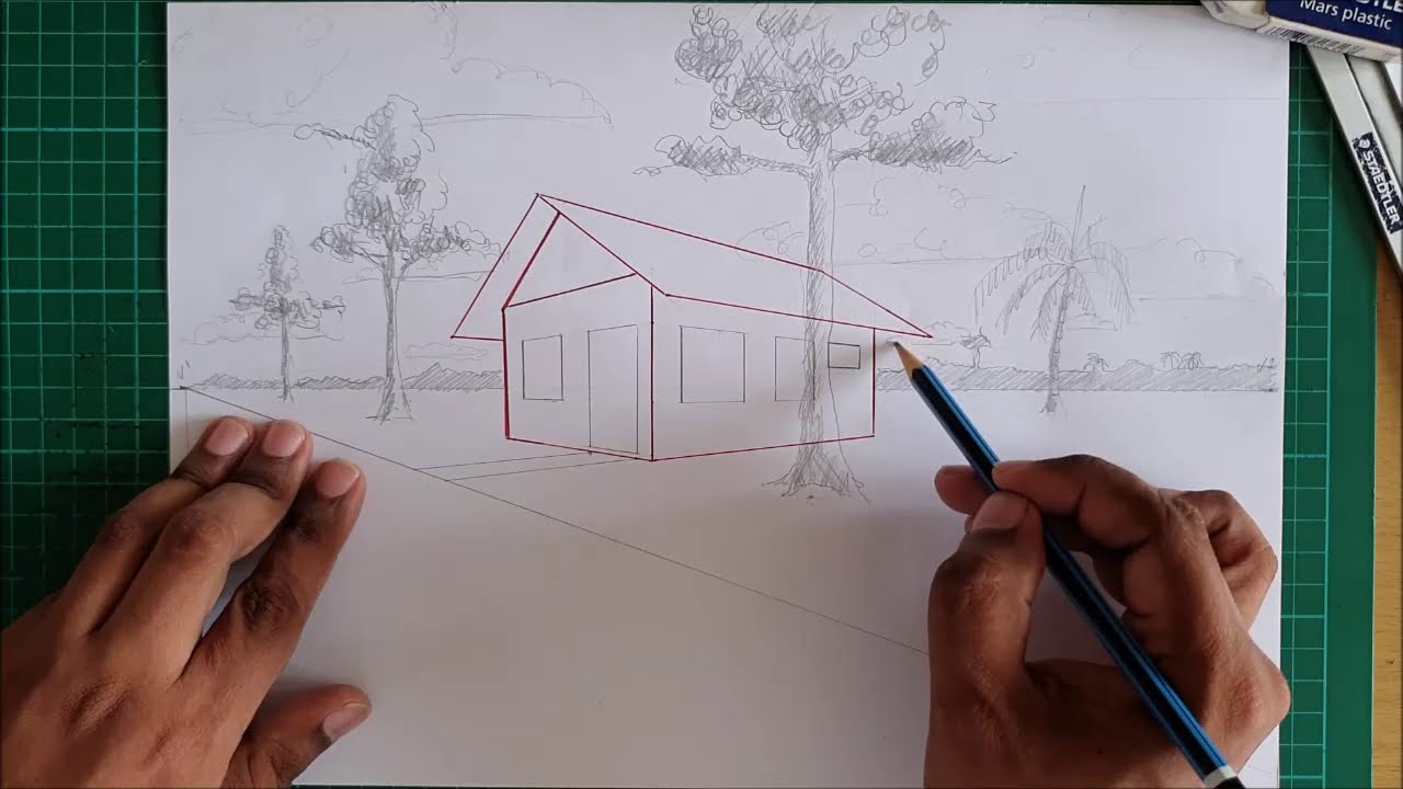 huis en omgeving tekenen in 2p perspectief