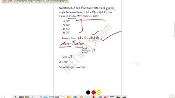 𝐴 ⃗ and 𝐵⃗⃗ are two vectors and 𝜃 is the  angle between them, if |𝐴 ⃗ × 𝐵⃗⃗ |=√3(𝐴 ⃗. 𝐵⃗⃗ )