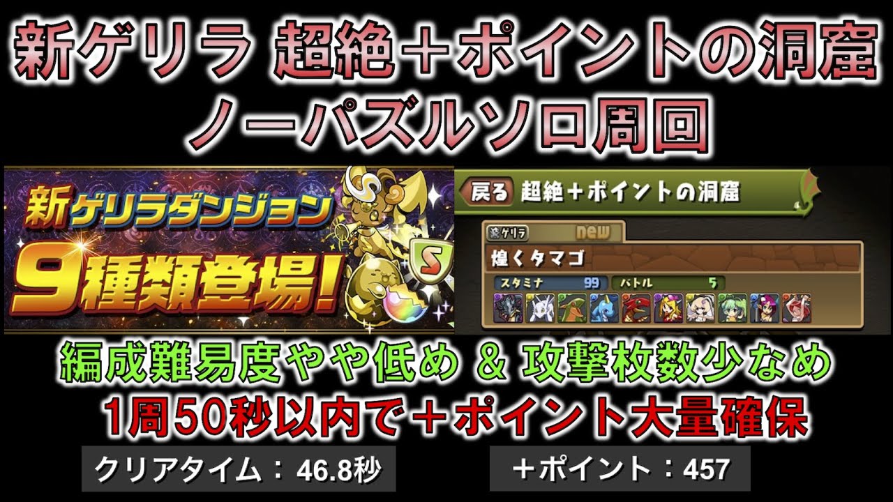 ソロ 超絶 ポイントの洞窟 編成難易度やや低め ノーパズルで50秒以内で回れる高速周回パーティ パズドラ パズドラ動画速報