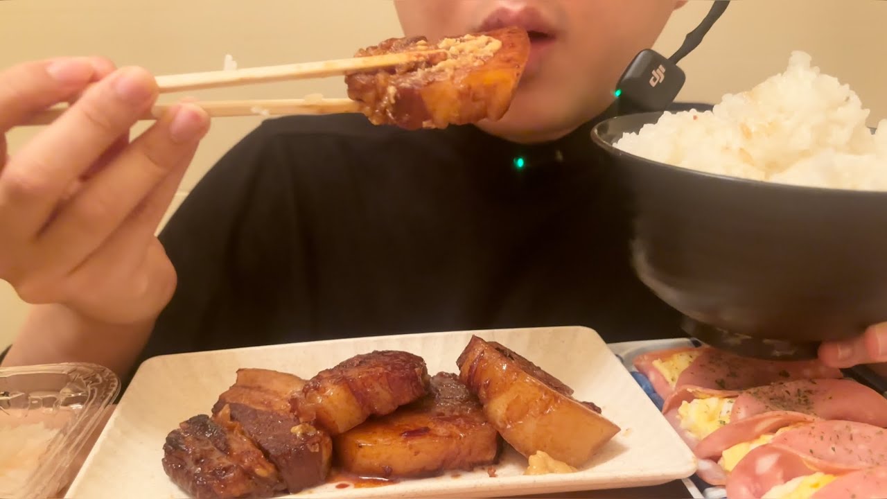 【ASMR】ほろほろ角煮とハムエッグを爆食！角煮の脂身でご飯が止まらない！