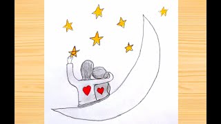 How To Draw Romantic Couple Sitting On The Moon With Pencil Sketch Drawing