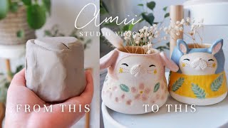 ASMR Ceramic Bunny Planter Making of Process | Studio Vlog | ASMR Ceramic