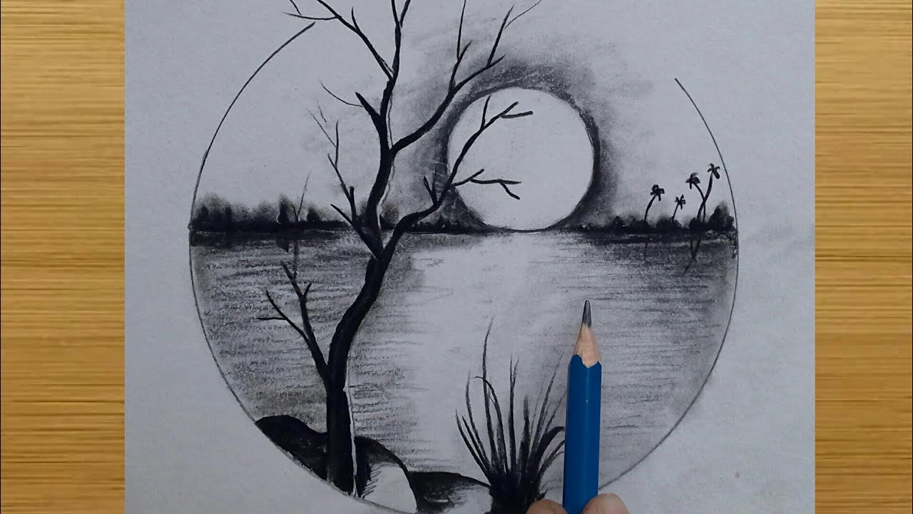 How to draw Moonlight night scenery drawing with pencil / Drawing for ...