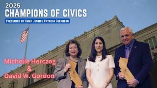 Californias Champions of Civics Award: Michelle Herczog and David W. Gordon
California Chief Justice Patricia Guerrero named Michelle Herczog and David Gordon Champions of Civics at this years Civic Learning Summit. The award, presented at the will of the Chief Justice, celebrates the ongoing commitment of students, organizers, and educators to restore quality civic learning in California public schools. Both Herczog and Gordon have been long-time partners and advocates dedicated to the supporting the Power of Democracy Civic Learning Initiative.
View news release: https://newsroom.courts.ca.gov/news/2025-champions-civics Californias Champions of Civics Award: Michelle Herczog and David W. Gordon