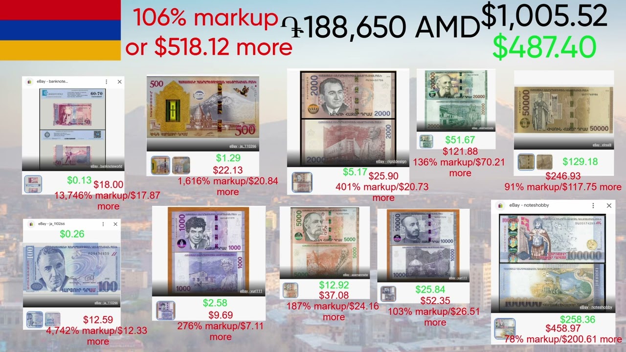 Notaphilism: Armenian dram banknote notaphily collection full set price ($1,005.52 USD)