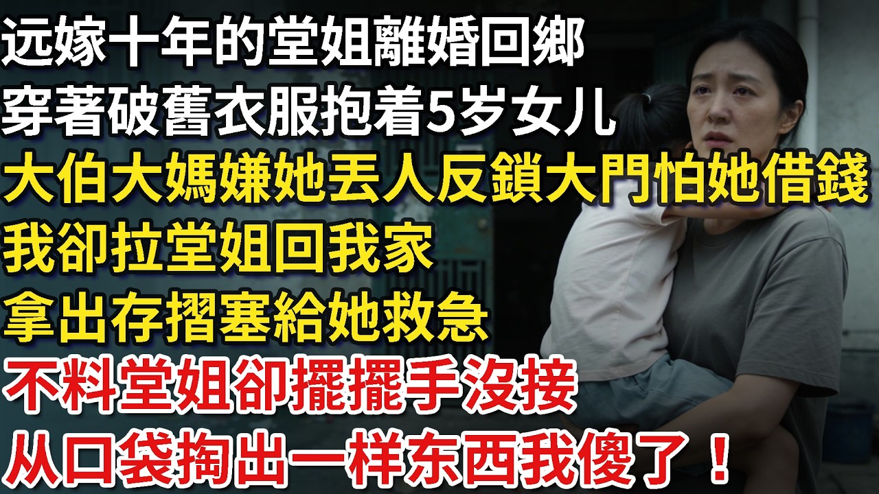 远嫁十年的堂姐離婚回鄉，穿著破舊衣服抱着5岁女儿，大伯大媽嫌她丟人，反鎖大門怕她借錢，我卻拉堂姐回我家，拿出張存摺塞給她救急，不料堂姐卻擺擺手沒接 ，从口袋掏出一样东西我傻了！#為人處世#情感故事