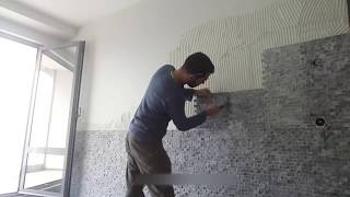 how to apply natural stone behind television