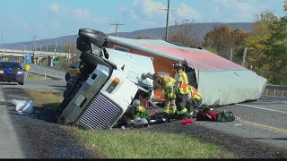 Tractor-trailer crashes, overturned on road in Centre County