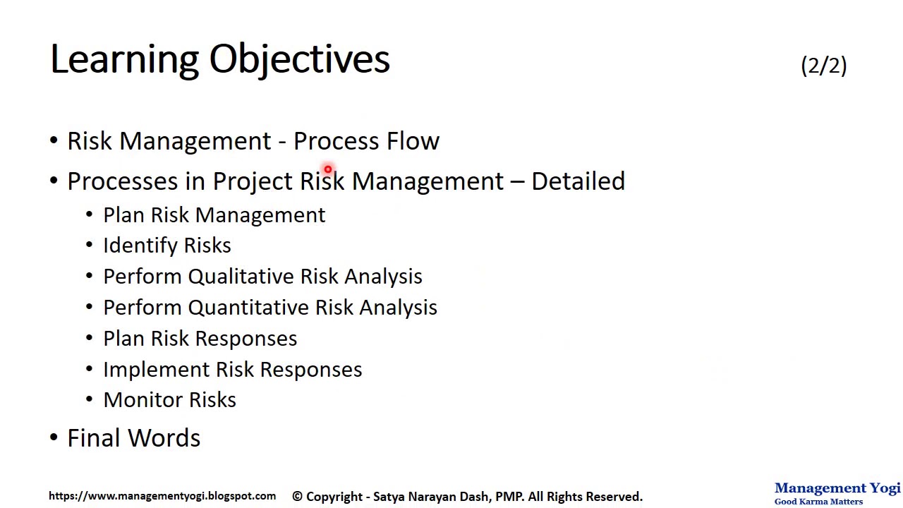 Learning Objectives For Risks MANAGEMENT YOGI: PMP LIVE LESSONS - 12.1 Learning Objectives (Risk ...