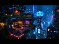 Lofi Ambient – Futuristic Apartment Balcony in Blue Neon Rain | Relaxing Cyberpunk Cityscape | 4K