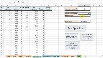 DFS Baseball spreadsheet tool version 2 - Running Optimal lineups