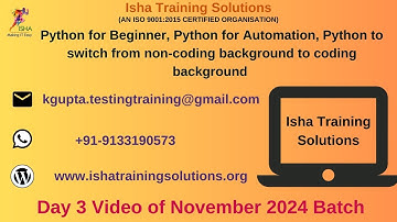 Python for Beginner, Python for Automation Day 3. Pls call or whatsappus on +91-9133190573 to enroll